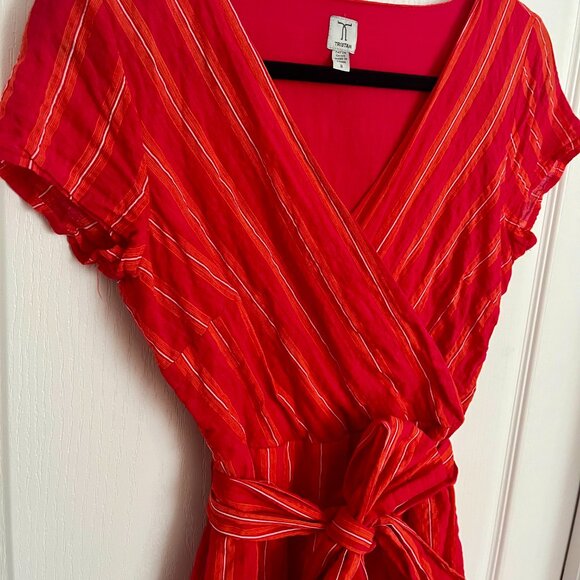 Tristan Red Striped Faux Wrap Cotton Blend V Neck Dress with Tie Belt Cap Sleeve - Picture 2 of 15